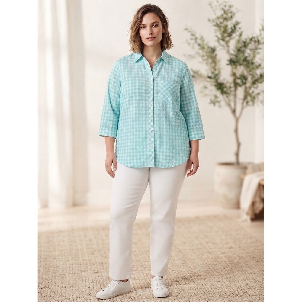 Foxcroft NYC Aqua Gingham Crinkle 3/4 Sleeve Button Down Shirt Plus Size 20W